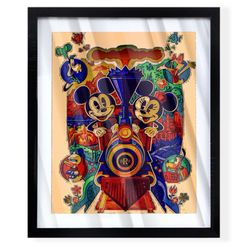 Art piece of mickeys and Minnie Mouse runaway railroad on black frame