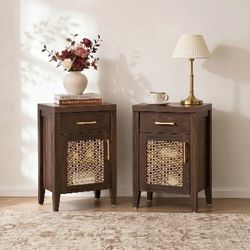 Brand new Dark Walnut Nightstand with Rattan Door – Set of 2