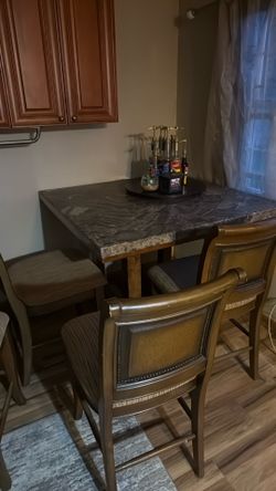 Solid wood square granite top pub height dining table w 6 chairs