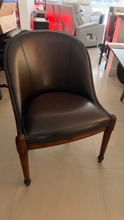Brown Leather Barrel Chair with Wood Legs