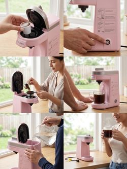 CHULUX Mini Single Serve Coffee Maker Machine Portable Personal K-Cup Pod Ground Coffee Brewer 12oz Small Compact One Cup Coffee Brewer Pink for Trave
