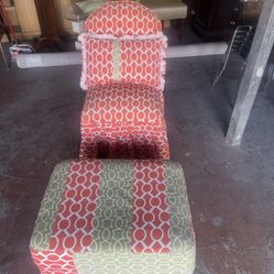 Custom, orange and green accent chair, ottoman, and pillow 