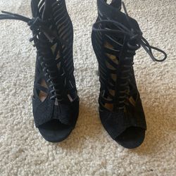 Women’s Shoes-Black Lace Up Cut Out Heel Boots-Size 7