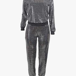 Women's 2 Piece Outfits Glitter Sequin Metallic Shiny Pullover Tops & Pants Set Sparkly Party Clubwear