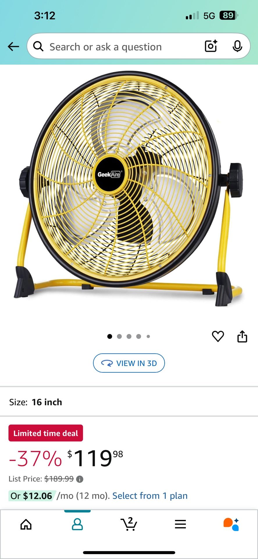 Geek Aire Rechargeable Outdoor High Velocity Camping Floor Fan, 16” Portable Battery Operated Fan with Metal Blade for Garage Camping Gear Accessories