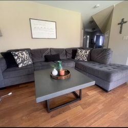 GREY SECTIONAL COUCH + COFFEE TABLE
