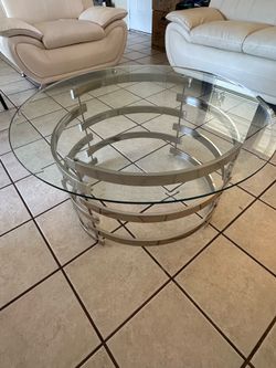 Modern Round Glass & Chrome Coffee Table – Excellent Condition!-$100