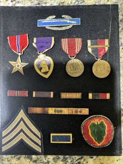 WW-II MILITARY METALS/ Signed Bronz star, Purple Heart, Japan Occupation, 24th Infantry Div.21st. Btn. All Vintage In Shadow Box Mount.