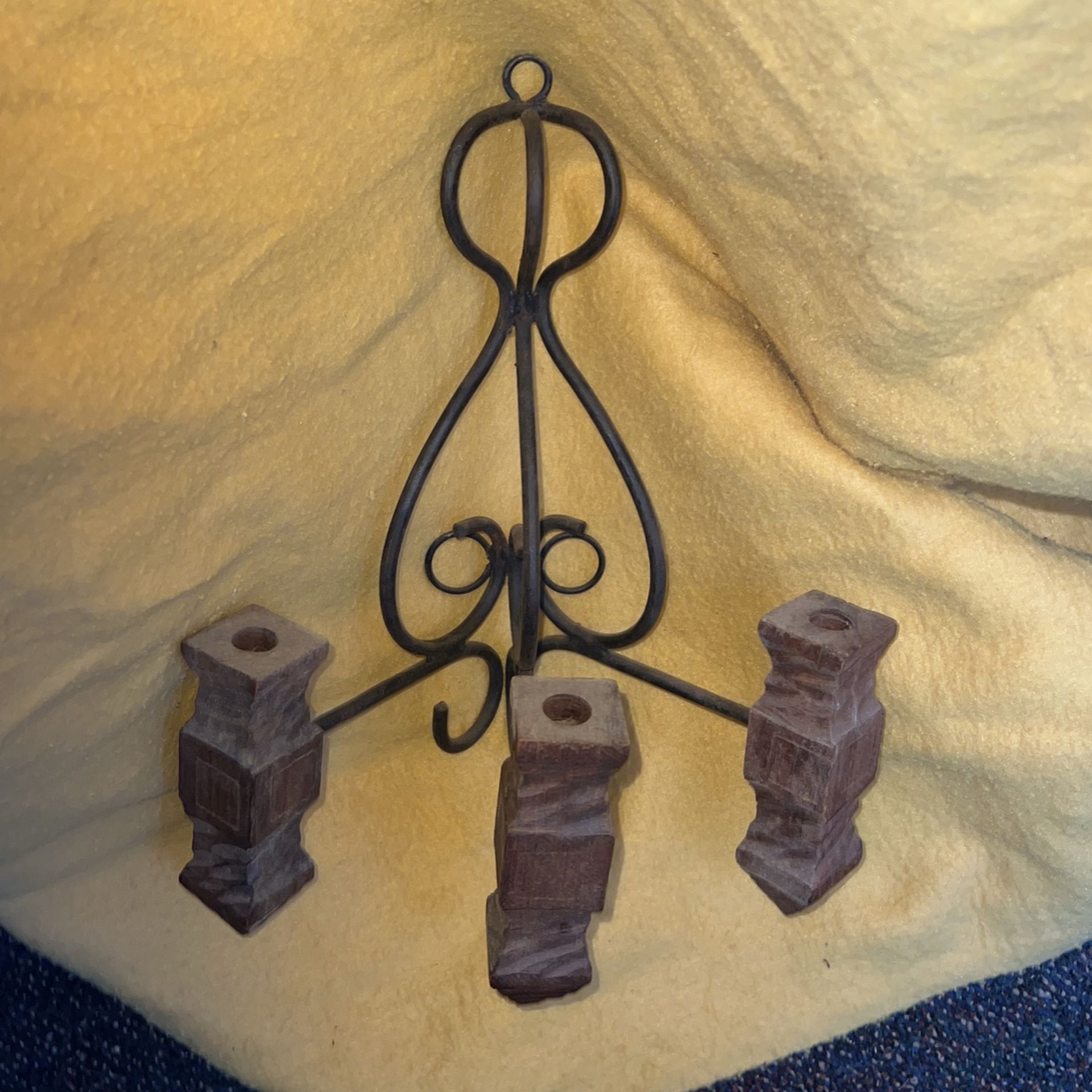 Vintage Candle Holders Wood & Wrought Iron