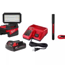 Milwaukee M18 18-Volt Lithium-Ion Cordless ROVER Flood Light with (1) M18 2.0 Ah Battery, Charger, and Rechargeable Penlight