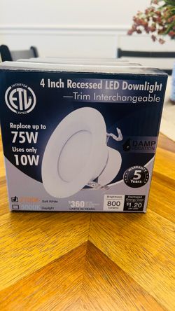 Energy-efficient 4 inch recessed LED downlights available. Each light replaces up to 75W and uses only 10W. Has trim interchangeable design. Options f