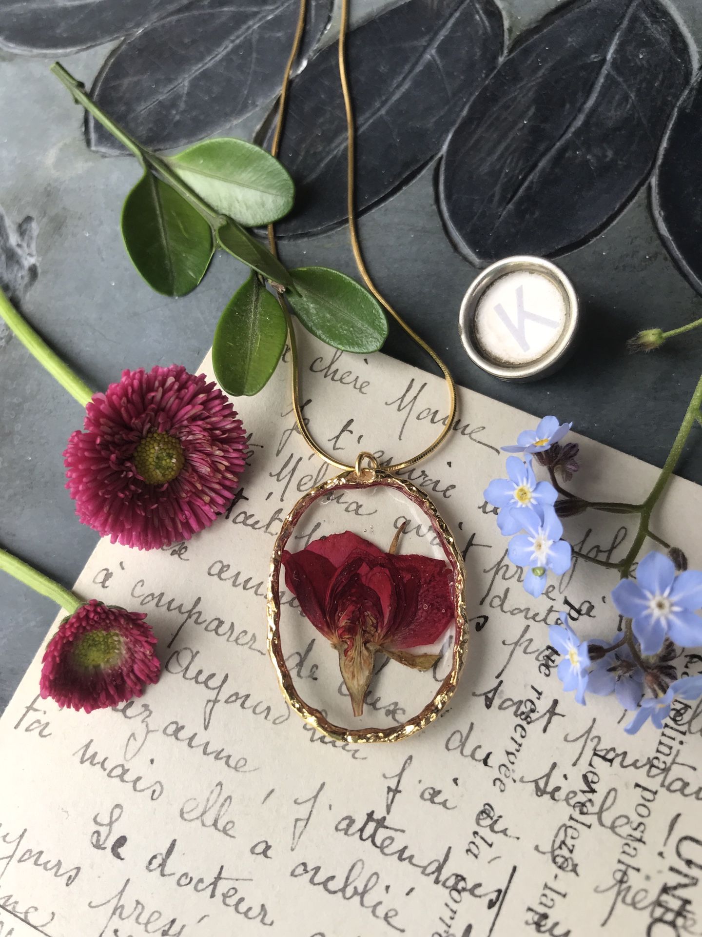 Handmade Dried Rose Gold Tone Wire Wrapped Pendant Necklace Dried Flower