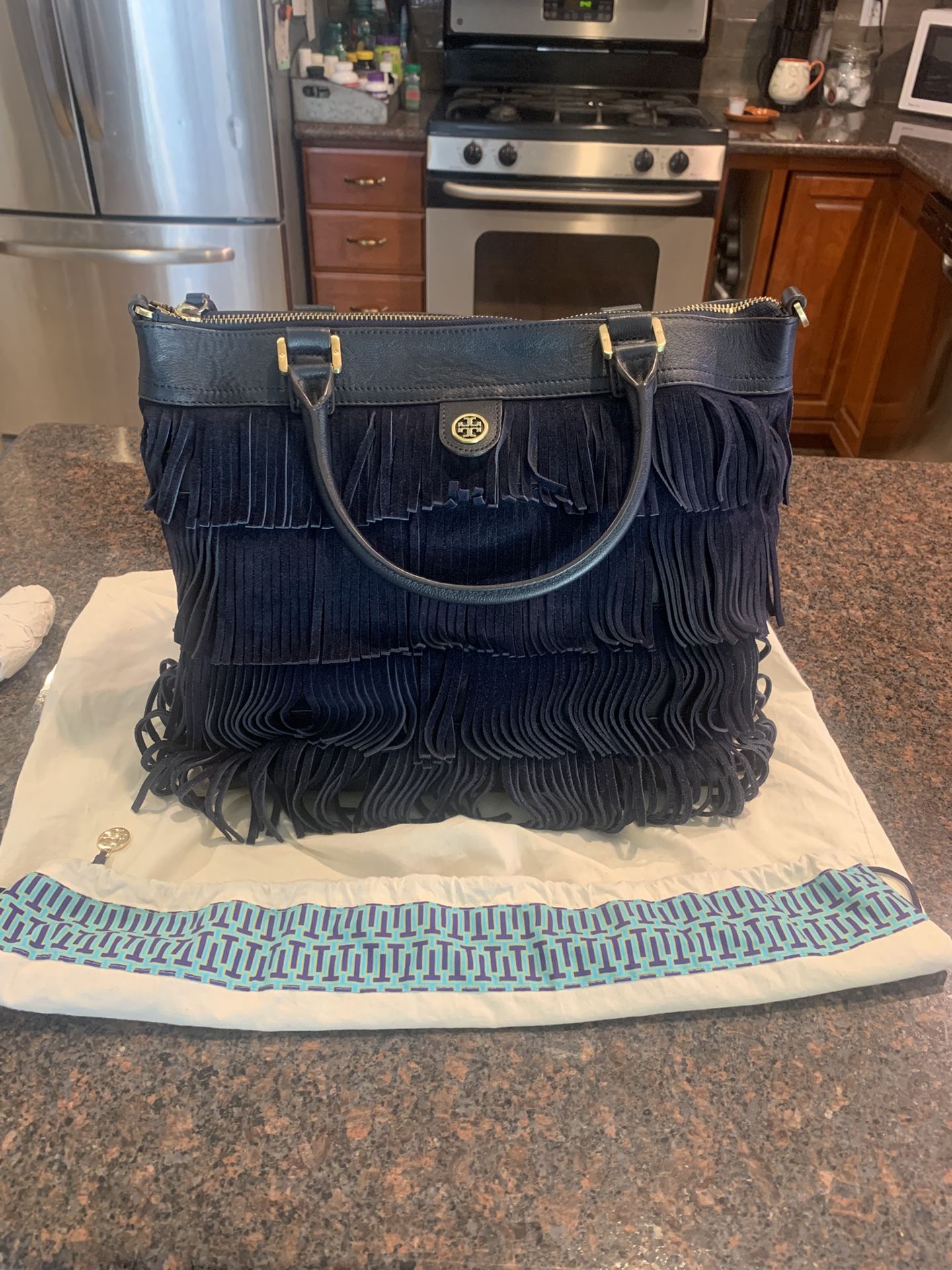 Tory Burch Fringe Suede Large Tote Tory Navy With Leather Shoulder Stap