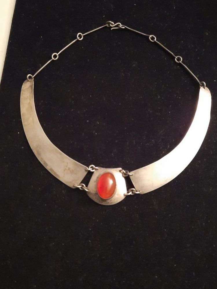 Sterling Silver Necklace with Natural Orange Stone