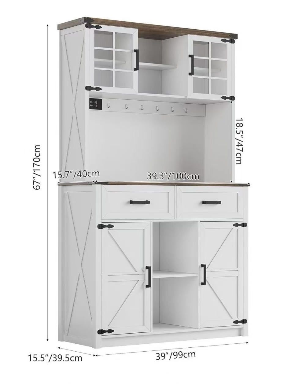 🥨Farmhosue Bar Cabinet with LED Lights & Power Outlets, Large Kitchen Buffet with Hutch & 2 Large Drawers, Barn Door Design, 8 Storage Shelves