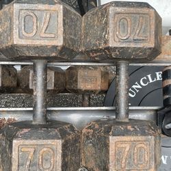 USED  PAIR  OF   70  POUND  STEEL  HEX   DUMBBELLS 