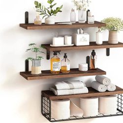 Set Of 4 Floating Wall Shelves With Bin