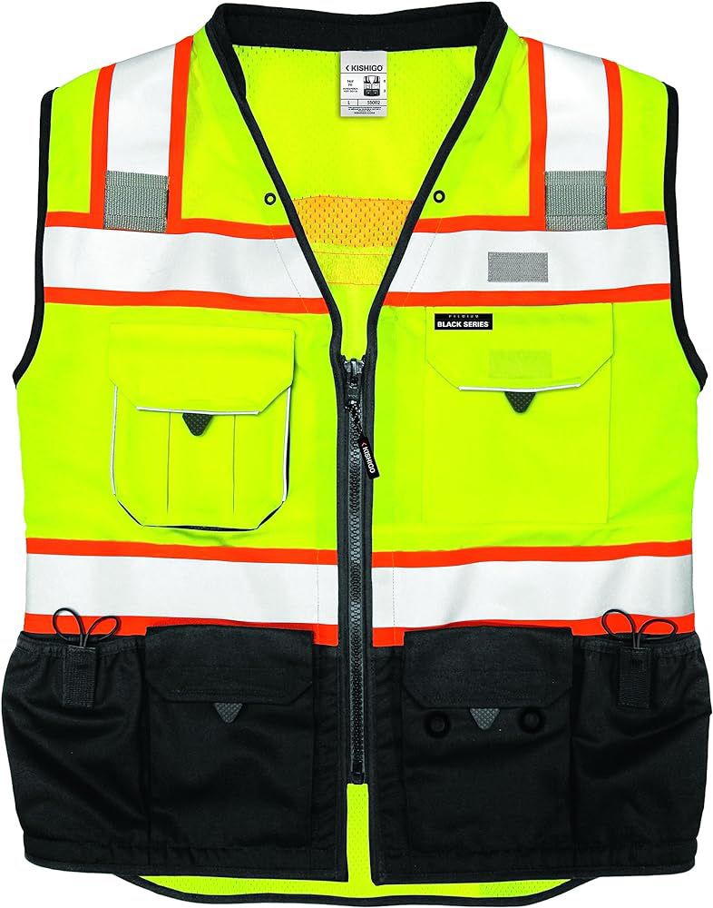 Kishigo Premium Black Series Unisex Surveyors Vest S5002, Class 2 Hi-Vis Safety Vest, 10 Pockets, ANSI/ISEA 107 Compliant