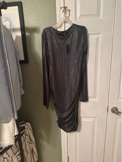 Forever 21 long sleeved metallic cocktail dress  Roucheing detail on sides at hip level  Dark gray in color  New with tags  Never been worn