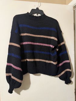 Black Striped Knit Pullover Sweater Size L