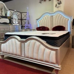 Evangeline Ivory-silver Oak Panel Bedroom Set/ Dresser, Mirror, Nightstand, Bed// Queen And King Size Available/ Mattress Sold Separately 