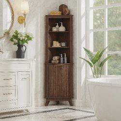Corner Cabinet, Modern Fluted Storage Cabinet with Adjustable Shelves, Curved Profile Design, Space Saver for Bathroom, Living Room, Kitchen, Walnut 