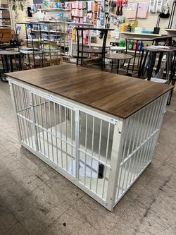 Feandrea 48" Dog Crate Heavy-Duty Dog Kennel Side End Table Wooden Dog Cage - Rustic White / Honey Brown ***open box***
