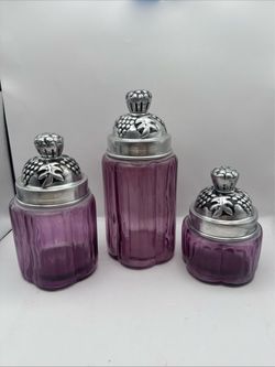 Set Of 3 Purple Amber Ribbed Glass Canisters With Pewter Lids Early 20th-Century