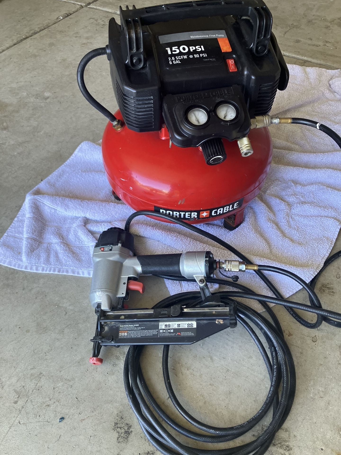 Porter Cable Pancake 16 Gallon 150 Psi Compressor With Finished Nailer Gun. Excellent Condition. Price Is Firm. Cash Only.