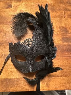 Black Lace Masquerade Mask with Feathers