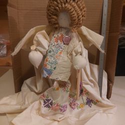 Handmade Angel Decore with Quilt Pieces and Embroidered Pillowcase Dress