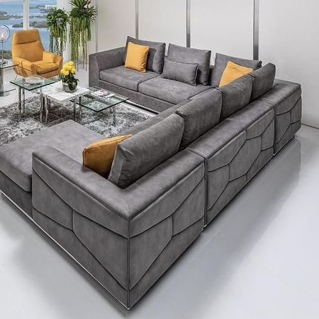 Living Room Set - Two Piece Gray Sofa With Mustard Cushions + Yellow Mustard Lounge Comfy Reading Chair + Modern Oval Glass Coffee Table