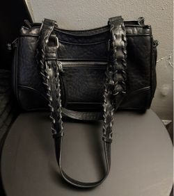 Black Faux Leather Satchel Bag with Braided Straps