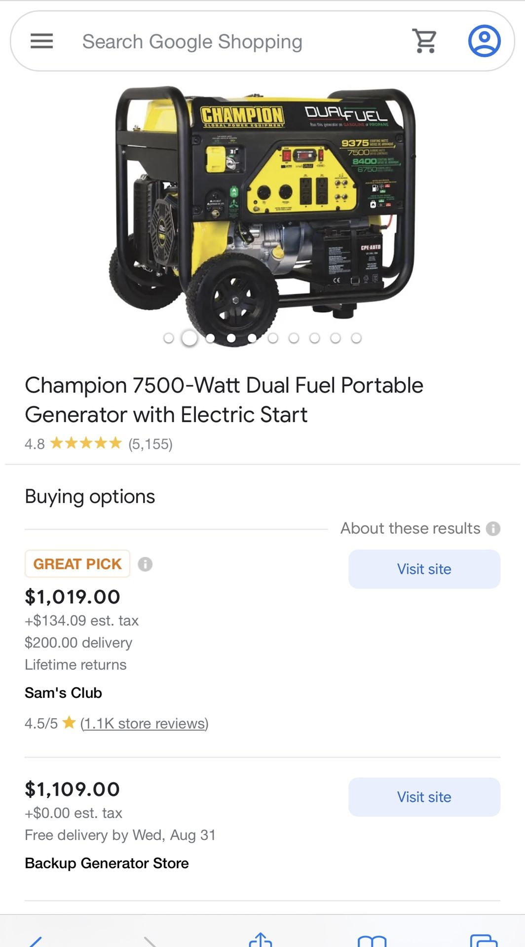 Champion Power Equipment 7500-Watt Dual Fuel Portable Generator, Electric Start