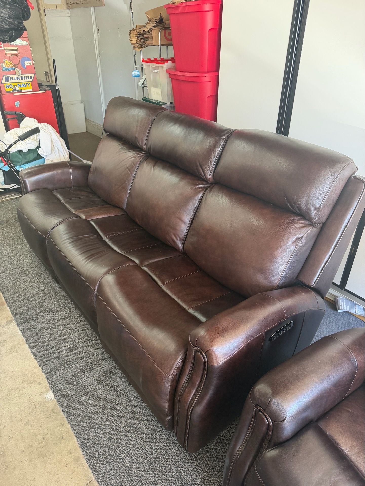Powered leather reclining sofa and chair