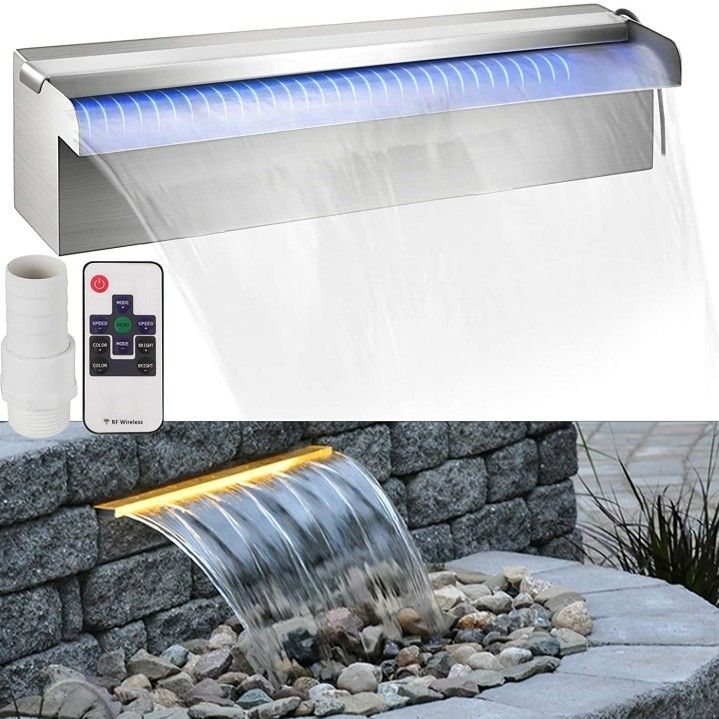 Pool Fountain Waterfall Stainless Steel -- 11.8" x 4.5" x 3.1"(W x D x H) with LED Strip Light

