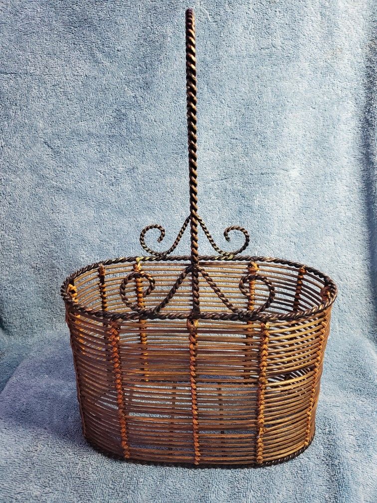 Vintage Metal & Wicker Oval Shaped Wine Basket.