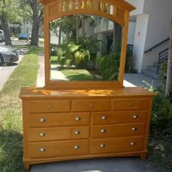 Solid wood dresser with 9 drawers and mirror