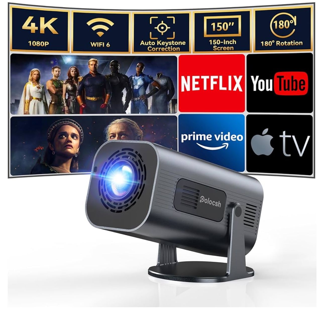 Mini Projector with WiFi and Bluetooth, Portable Projector 1080P Support with Android 11 Auto Horizontal Correction, 180°Rotatable outdoor Projector