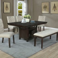 Dining Table w/ Cabinet + 4 Beige Chairs & Bench