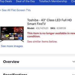 Toshiba 43’ Smart Fire Tv w/ remote