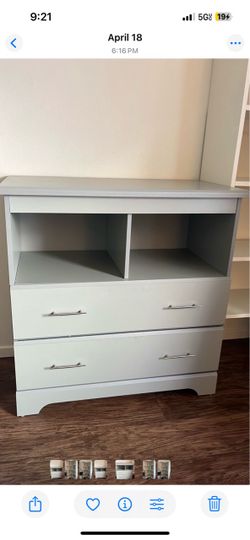 Gray Dresser with Open Shelves and Drawers