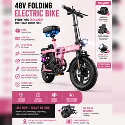 GES 48V Folding Electric Bike 500W – Pink, Brand New (Open Box) + Lock, Phone Holder & Light