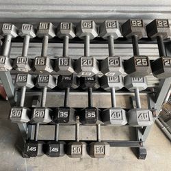 5-50s Hex Metal Dumbells + Rack