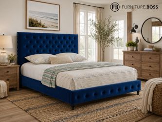 Blue Velvet Bed | Modern tufted platform bed