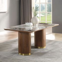 New Modern Dining Table | Elegant Ceramic Top | Dark Brown Walnut Finish Bases | Gold Metal Trim | 71"W x 35"D x 30"H