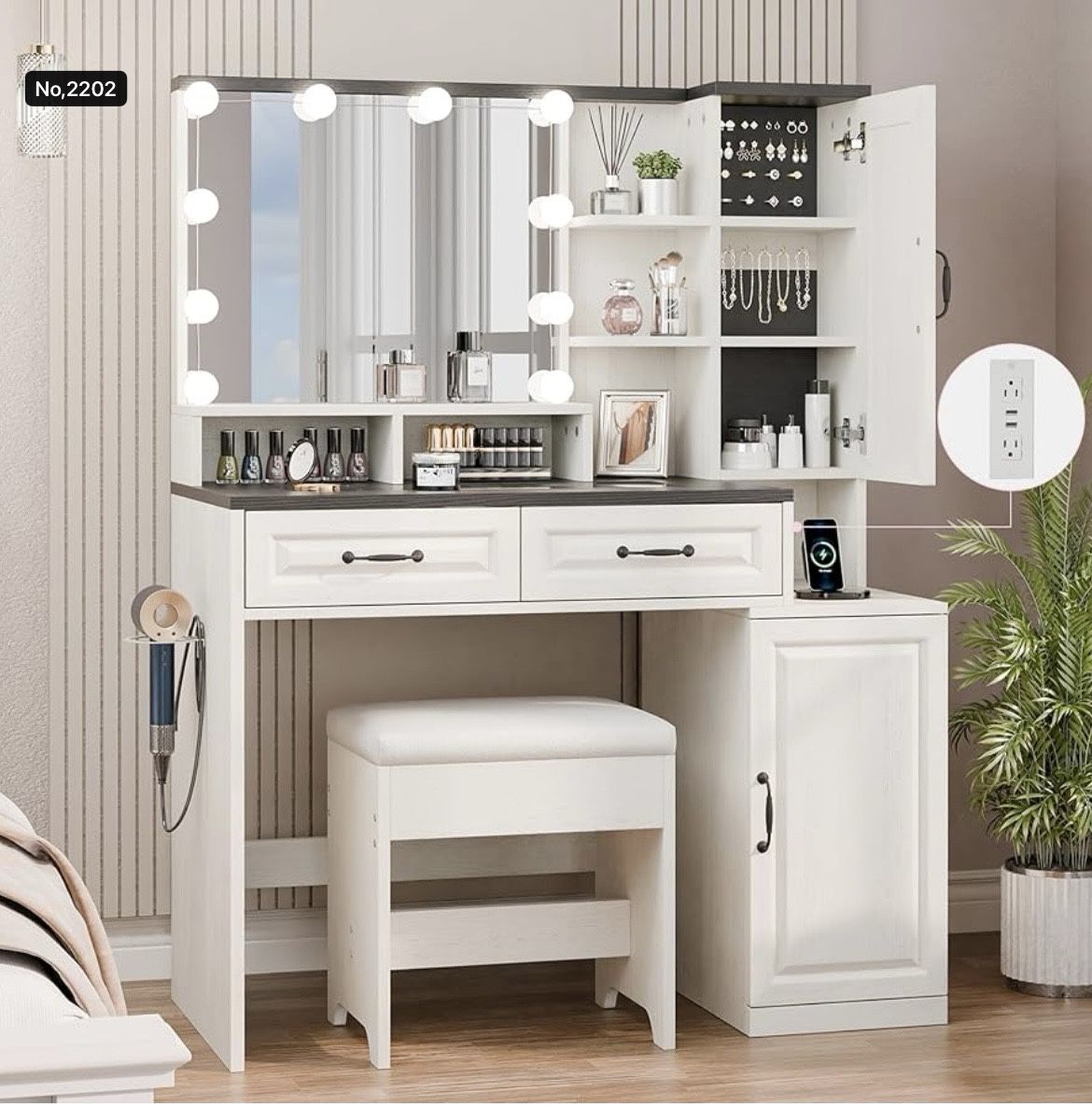 Farmhouse Makeup Vanity with Charging Station, Vanity Desk with Lights Mirror and Drawers, Glass Top Makeup Vanity with Jewelry Cabinet, Hairdryer Hol