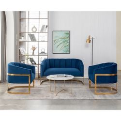 3 Piece Plush Royal Blue Suede Velvet Sofá Living Room Or Office Set