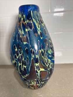 Art Glass Vase Blue Multicolor Spotted