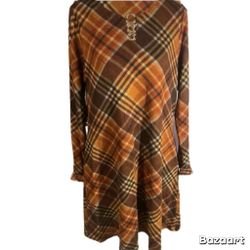 New SZ 10 long sleeve plaid vintage style dress w/o-ring  embellished neckline